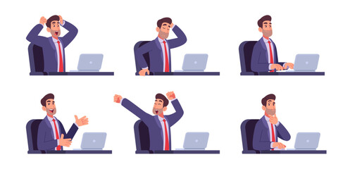 Businessman emotions set office desk workspace vector collection