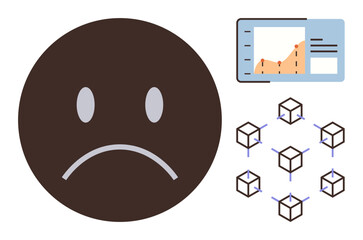 Frowning face expressing dissatisfaction, graph showing data trends, interconnected cubes symbolizing systems. Ideal for technology, frustration, performance, inefficiency, blockchain, data
