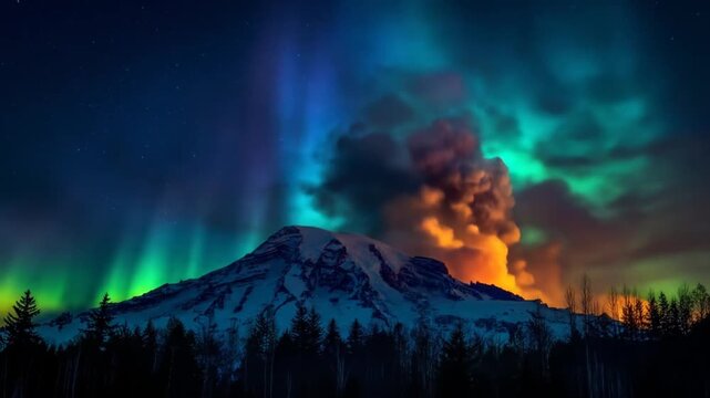 Aurora borealis over volcano