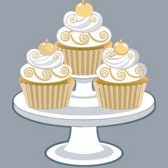 Three delicious cupcakes with white frosting and golden cherries on a stand