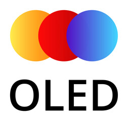 Vibrant oled technology logo with colorful circles and bold text.