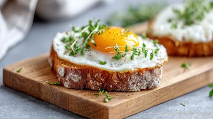 Rustic slice of bread topped with sunny side up egg and fresh herbs on wooden board, highlighting wholesome homemade breakfast with natural flavor