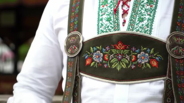 Authentic Bavarian Lederhosen - Intricate Floral Embroidery on Traditional Suspenders.