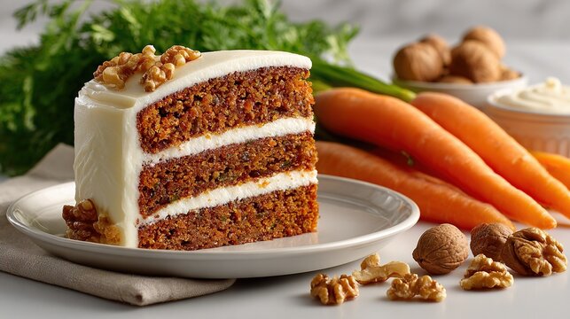 Three-layer carrot cake slice with cream cheese frosting and walnut garnish, surrounded by fresh carrots and nuts for a rustic homemade feel