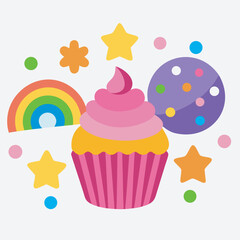 Colorful cupcake with rainbow and stars
