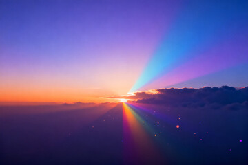 Sunrise above the clouds with vibrant rainbow rays and colorful sky