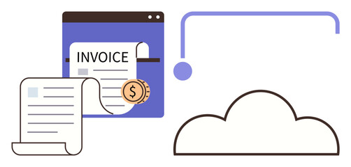 Invoice with financial details connecting to cloud network. Ideal for accounting, business automation, cloud storage, efficiency, fintech, data sharing, modern finance. Simple flat metaphor