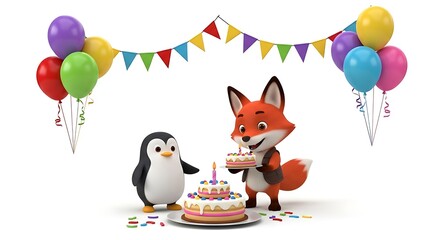 Fox and penguin celebrate birthday with cake balloons and festive bunting