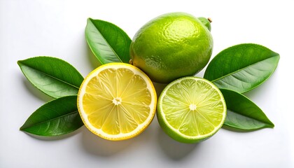 Fresh limes and lemon slices on white background