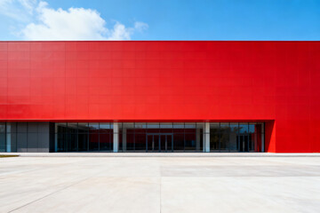 Modern red building with large glass entrance and concrete plaza under clear blue sky