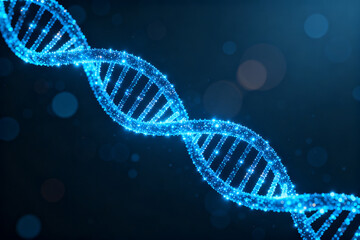 A glowing blue DNA double helix structure against a dark background with bokeh effects