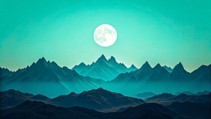 Full moon rising above mountain silhouettes with teal sky landscape background 
