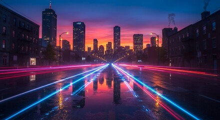 Fototapeta premium Neon City Speed: Cyberpunk Light Trails Reflecting on Wet Asphalt at Sunset