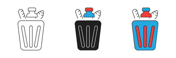 Icon set of various types of waste in a trash can. Trash illustration icon