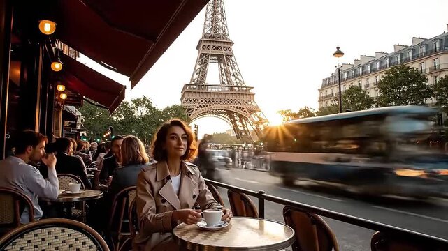 Golden Hour in Paris Woman Sips Coffee at Charming Outdoor Cafe with Iconic Eiffel Tower Sunset View and Bustling Street Scene