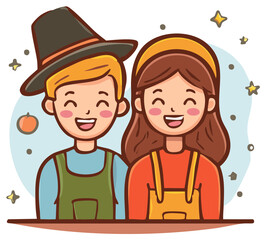 Cartoon Thanksgiving couple vector illustration boy wearing a pilgrim hat and girl.