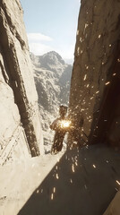 Welder Working High On Mountainside In Bright Sunlight