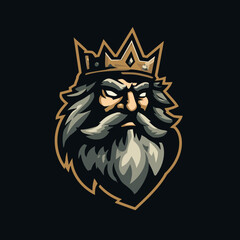 Obraz premium Illustrated head of a king with beard and crown on a black background
