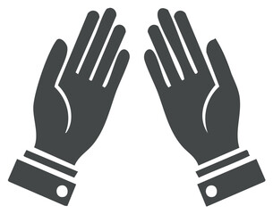 Two dark grey hands reaching upwards with open palms and fingers spread, wearing cuffs and shirt sleeves.