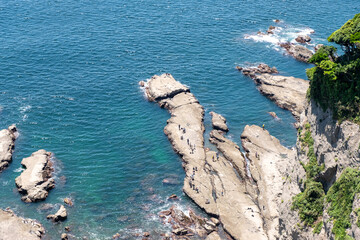People exploring rocky coastline with clear blue sea and green cliffs at Enoshima, Kamakura, Kanagawa, Japan