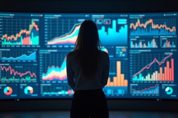 Female Analyst Posing in Front of Large Digital Screen Showing Vibrant Financial Business Analytics Dashboard