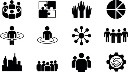 Diverse set of business and teamwork icons, representing collaboration, organization, leadership, and strategic planning in a corporate environment