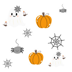 halloween background with pumpkins and cute ghost and little spider. seamless pattern spooky vibe in fall season in october