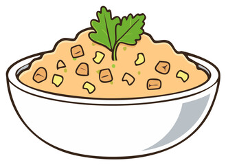 Illustration of a bowl of soup with vegetables and a sprig of parsley on top.