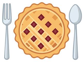 Freshly Baked Cherry Pie Ready to Eat with Fork and Spoon