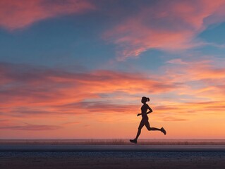 Silhouette of woman running against a vibrant sunset sky with clouds in the background view image