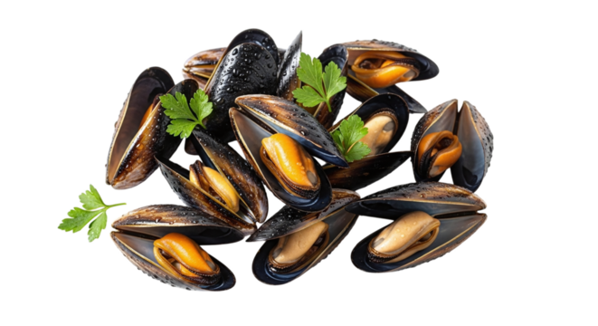 Pile of fresh mussels with parsley isolated on transparent background, a delicious seafood delicacy ready to be cooked and enjoyed in a restaurant