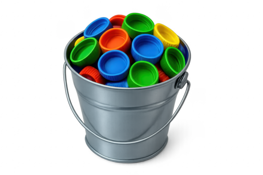 Collecting colorful plastic bottle caps for recycling in a bucket