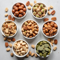 Delicious assortment of nuts in white bowls, including pistachios, pecans, and pumpkin seeds, arranged on light surface