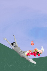 3d pop image zine art collage of happy girl guy lay park street outside flower bush bloom spring summer atmosphere leisure time