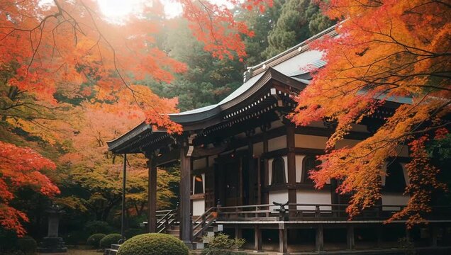 Japanese Temple Surrounded by Autumn Maple Leaves