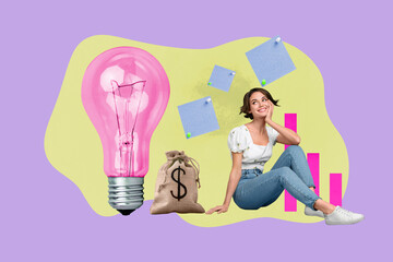 Collage featuring confident business man woman with money bag light bulb laptop smartphone...
