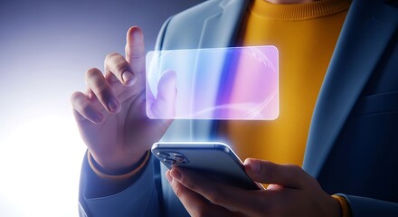 Person holding smartphone with holographic display above it in a modern technology concept scene