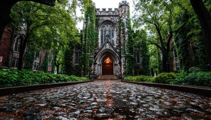 A paved pathway leads to a grand stone church, enveloped by lush greenery.