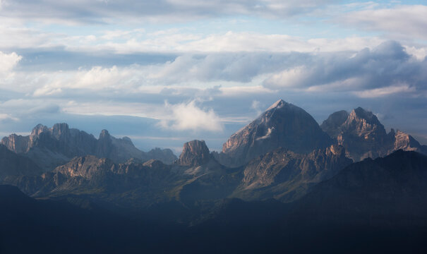 Mountain peaks at dusk viewed from the foot of Mt Civetta, Italian Dolomites, Veneto, Italy
