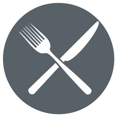 Fork and knife crossed symbol in a gray circle for a restaurant icon.