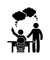 Silhouette illustration of two people at a desk with thought bubbles. Stick figure cartoon. stickman discussion.