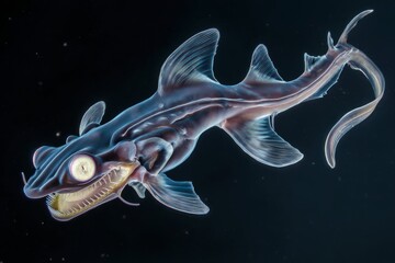 chimaera. A deep-sea chimaera glowing with bioluminescent forehead lights in the dark ocean abyss. wildlife magazines, conservation campaigns, designed for eco-tourism storytelling.
