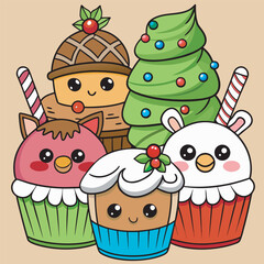 Adorable christmas cupcakes with festive decorations and kawaii faces for holiday cheer