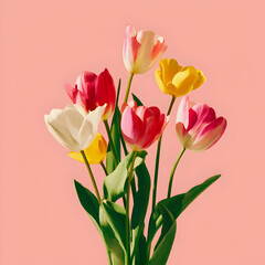 Fototapeta premium A vibrant bouquet of tulips in various colors including pink, red, yellow, and white, set against a soft pink background