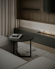 Cozy modern living room with sofa, coffee table, and built-in fireplace.