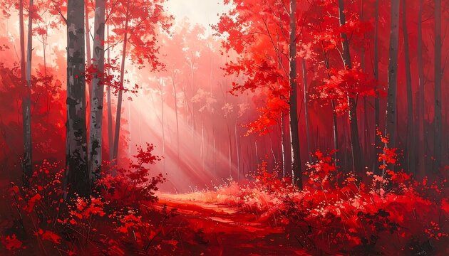 Vibrant red forest scene - Powered by Adobe