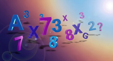 Floating letters and numbers in a colorful abstract design with lens flare effect