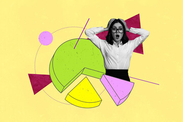 Trendy artwork creative full photo collage of happy businesswoman businessman stand diagram graph...