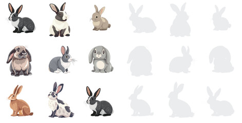 Naklejka premium Rabbit breeds set vector illustration collection of domestic rabbits and cute bunnies, pet animals isolated on white background