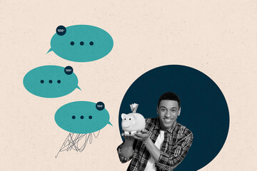 Collage with person surrounded by message bubbles symbolizing chatting communication online...
